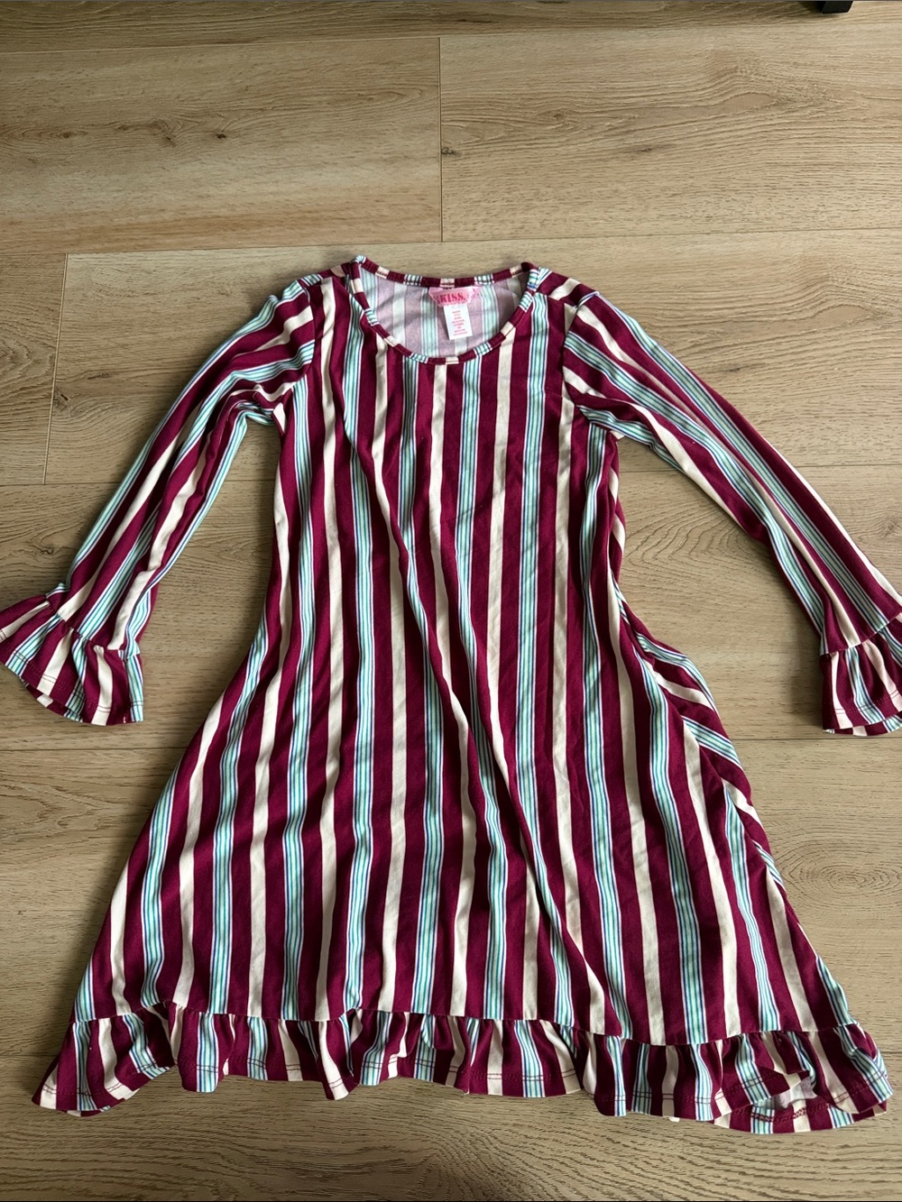 Kids Striped Ruffle-Hem Dress in Burgundy and Mint size 10/12 years